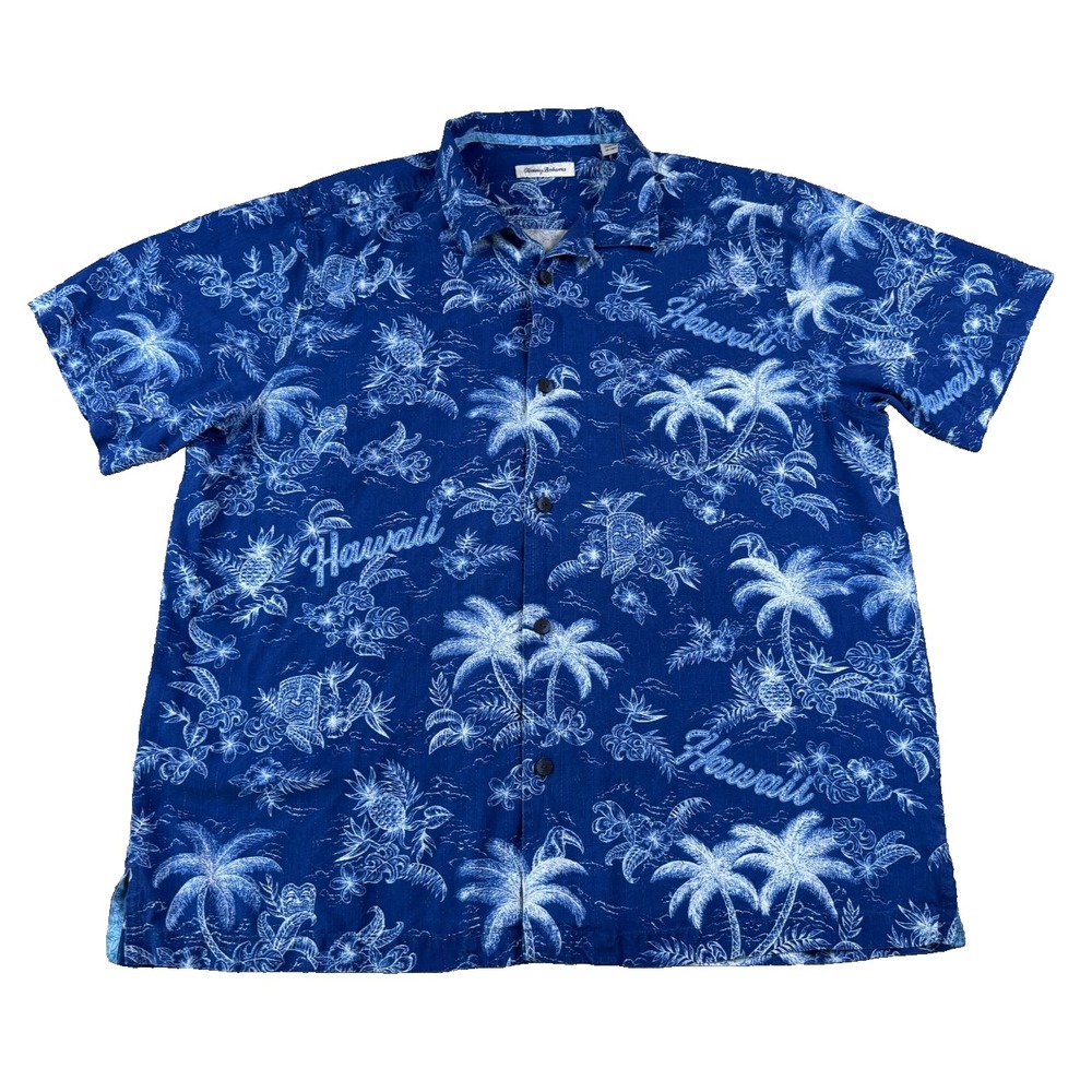 Tommy Bahama Men's Hawaiian Shirt XL Blue White Silk Aloha Tropical Camp